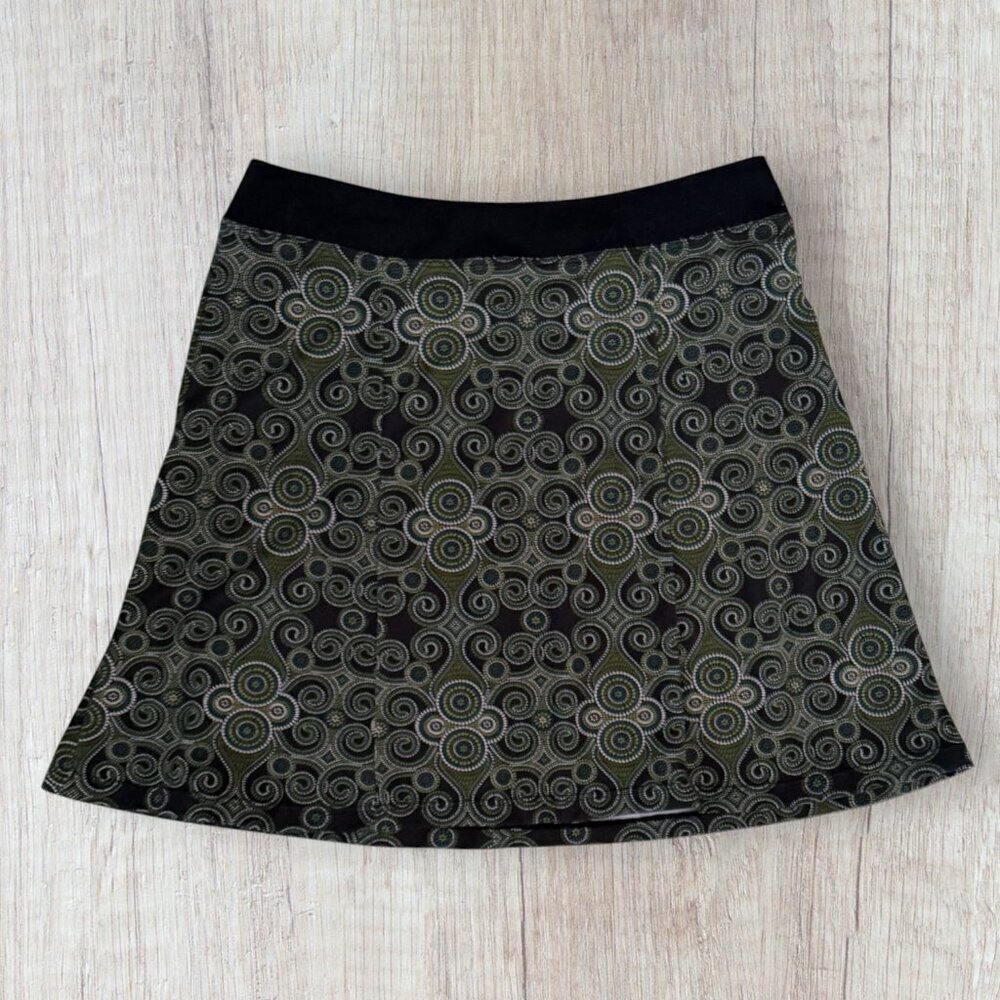 Prana Geometric Medallion A-Line Skirt Black Olive Green Boho Stretch Size S